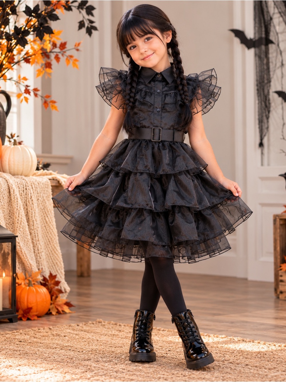 Girls Wednesday Addams Gothic Black Ruffle Dress Costume 4pc Size 120 6X/7 yo